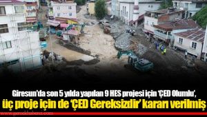 Giresun'da son 5 yılda yapılan 9 HES projesi için ‘ÇED Olumlu’, üç proje için de ‘ÇED Gereksizdir’ kararı verilmiş 